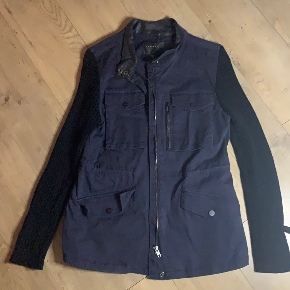 casual jacket with sweater material sleeves